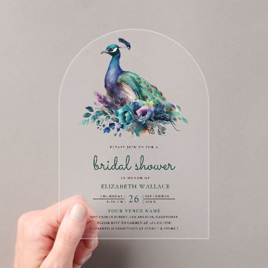 Emerald Green Floral Peacock Bridal Shower Acryl Uitnodigingen (Insitu (Draagbaar))