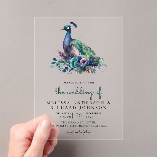 Emerald Green Floral Peacock Wedding Acryl Uitnodigingen (Insitu (Draagbaar))