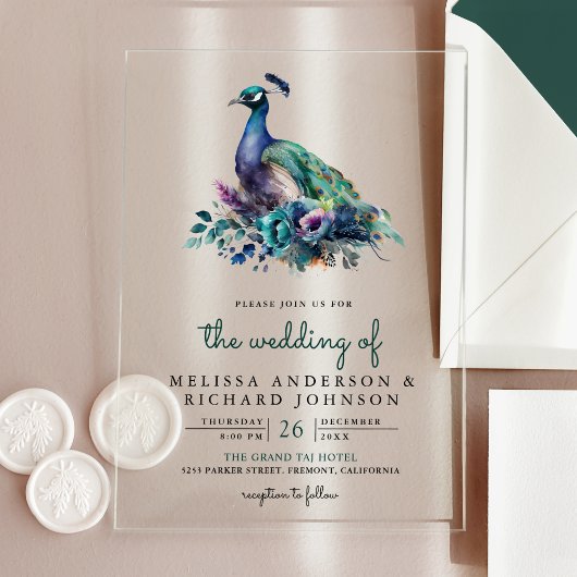 Emerald Green Floral Peacock Wedding Acryl Uitnodigingen