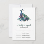 Emerald Green Floral Peacock Wedding RSVP Kaartje (Voorkant)