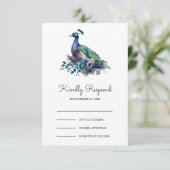 Emerald Green Floral Peacock Wedding RSVP Kaartje (Staand voorkant)