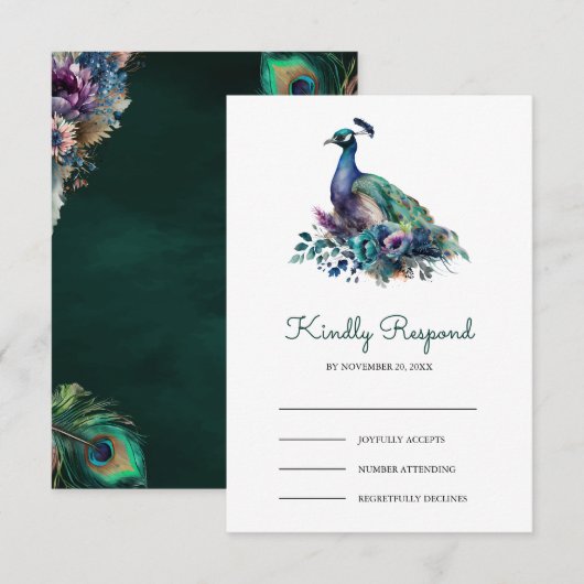 Emerald Green Floral Peacock Wedding RSVP Kaartje (Voorkant / Achterkant)
