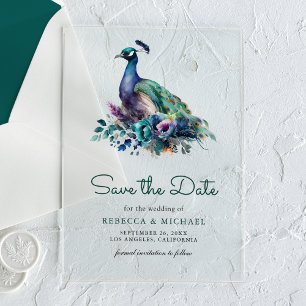 Emerald Green Floral Peacock Wedding Save the Date Acryl Uitnodigingen