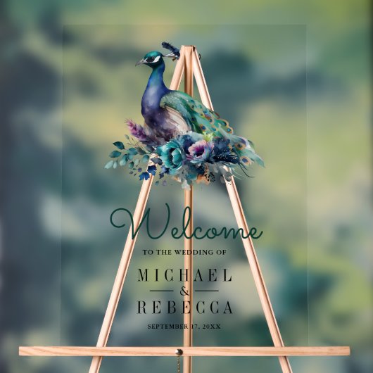 Emerald Green Floral Peacock Wedding Welcome Acryl Bord (Neutraal)