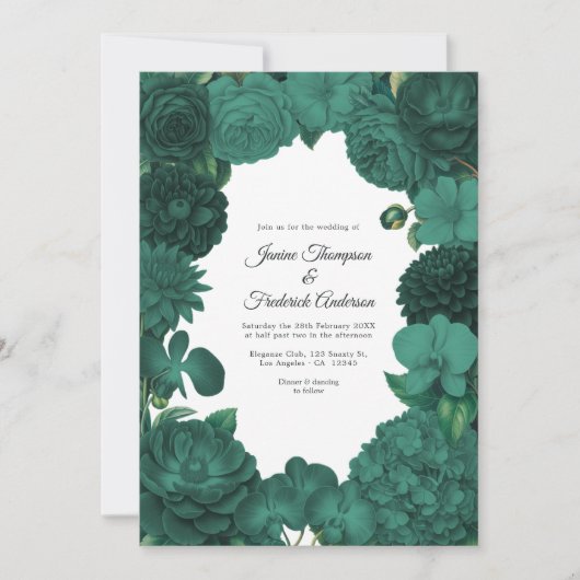 Emerald Green Floral Photo and QR Code Wedding Kaart (Voorkant)