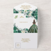 Emerald Green Floral Princess Gold Quinceañera All In One Uitnodiging (Buitenkant)