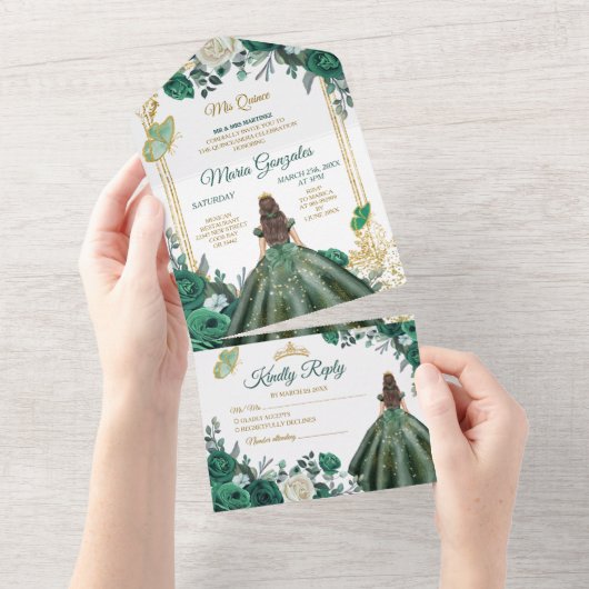 Emerald Green Floral Princess Gold Quinceañera All In One Uitnodiging (Afscheurbaar)