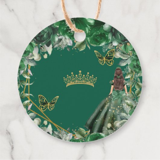 Emerald Green Floral Princess Gold Quinceañera Bedankjes Labels (Achterkant)