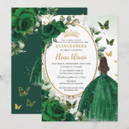 Emerald Green Floral Princess Gold Quinceañera Kaart
