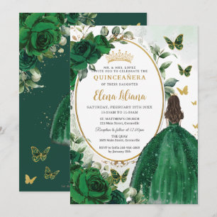 Emerald Green Floral Princess Gold Quinceañera Kaart