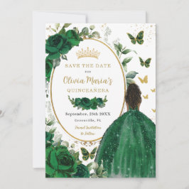 Emerald Green Floral Princess Gold Quinceañera Save The Date