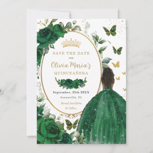 Emerald Green Floral Princess Gold Quinceañera Save The Date (Voorkant)