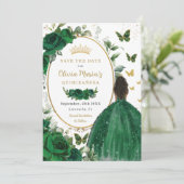 Emerald Green Floral Princess Gold Quinceañera Save The Date (Staand voorkant)