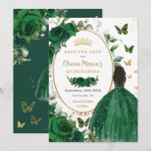 Emerald Green Floral Princess Gold Quinceañera Save The Date (Voorkant / Achterkant)