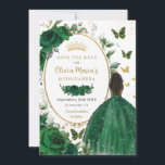 Emerald Green Floral Princess Gold Quinceañera Save The Date<br><div class="desc">Personaliseer deze smaragdgroene bloemenquinceañera / Sweet 16 birthday en bewaar de datum gemakkelijk en snel. Klik op de knop verder aanpassen om de teksten te bewerken, lettertypen en lettertypekleuren te wijzigen. Met een meisje gekleed in een prachtige glitterende groene baljurk, levendige groene rozen, vlinders en een gouden afgesneden ovale ruimte...</div>