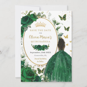 Emerald Green Floral Princess Gold Quinceañera Save The Date