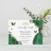 Emerald Green Floral Princess Gold Quinceañera Save The Date (Staand voorkant)