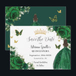 Emerald Green Floral Princess Gold Quinceañera Save The Date<br><div class="desc">Personaliseer deze smaragdgroene bloemenquinceañera / Sweet 16 birthday en bewaar de datum gemakkelijk en snel. Klik op de knop verder aanpassen om de teksten te bewerken, lettertypen en lettertypekleuren te wijzigen. Met een meisje gekleed in een prachtige glitterende smaragdgroene baljurk, levendige smaragdgroene rozen, vlinders en gouden elementen. Overeenkomende objecten beschikbaar...</div>