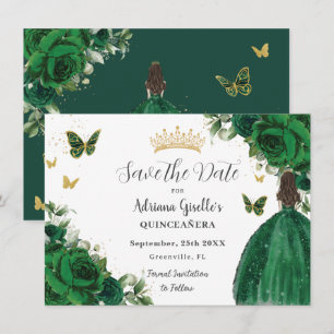 Emerald Green Floral Princess Gold Quinceañera Save The Date