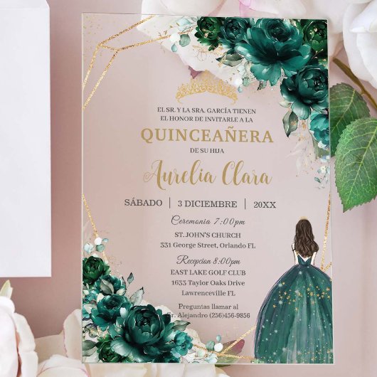 Emerald Green Floral Princess Gold Quinceañera XV Acryl Uitnodigingen