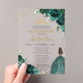 Emerald Green Floral Princess Gold Quinceañera XV Acryl Uitnodigingen (Insitu (Draagbaar))