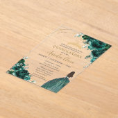 Emerald Green Floral Princess Gold Quinceañera XV Acryl Uitnodigingen (Laagn)