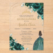 Emerald Green Floral Princess Gold Quinceañera XV Acryl Uitnodigingen (Voorkant)