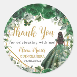 Emerald Green Floral Princess Quinceañera Favor Ronde Sticker