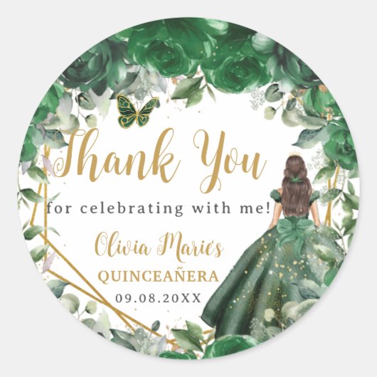 Emerald Green Floral Princess Quinceañera Favor Ronde Sticker (Voorkant)