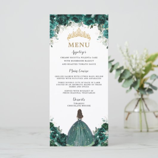 Emerald Green Floral Princess Quinceañera Menu (Staand voorkant)