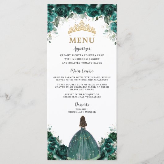Emerald Green Floral Princess Quinceañera Menu (Voorkant)