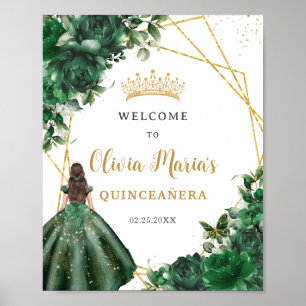 Emerald Green Floral Princess Quinceañera Welkom Poster
