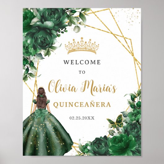 Emerald Green Floral Princess Quinceañera Welkom Poster (Voorkant)