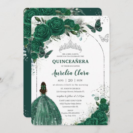 Emerald Green Floral Princess Silver Quinceañera Kaart (Voorkant / Achterkant)