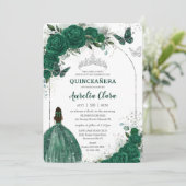 Emerald Green Floral Princess Silver Quinceañera Kaart (Staand voorkant)