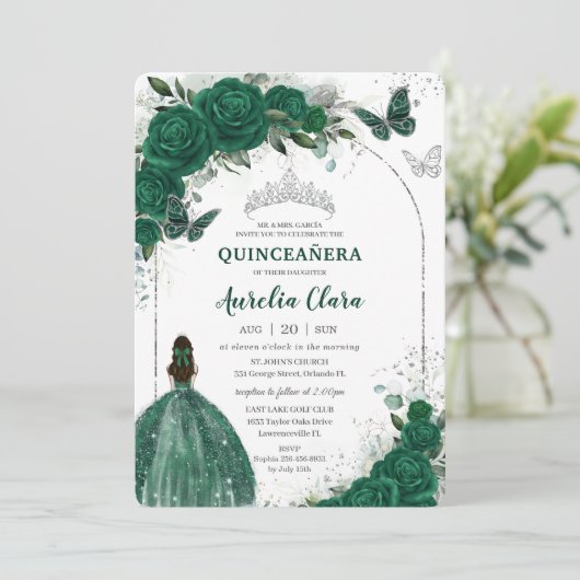 Emerald Green Floral Princess Silver Quinceañera Kaart (Staand voorkant)
