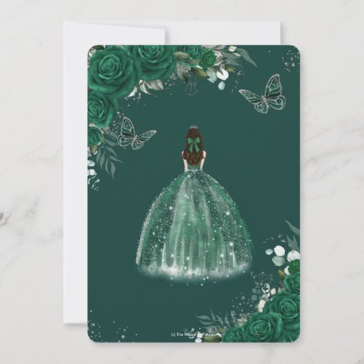 Emerald Green Floral Princess Silver Quinceañera Kaart (Achterkant)