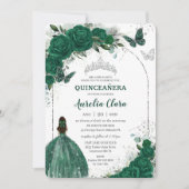 Emerald Green Floral Princess Silver Quinceañera Kaart (Voorkant)