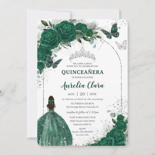 Emerald Green Floral Princess Silver Quinceañera Kaart (Voorkant)