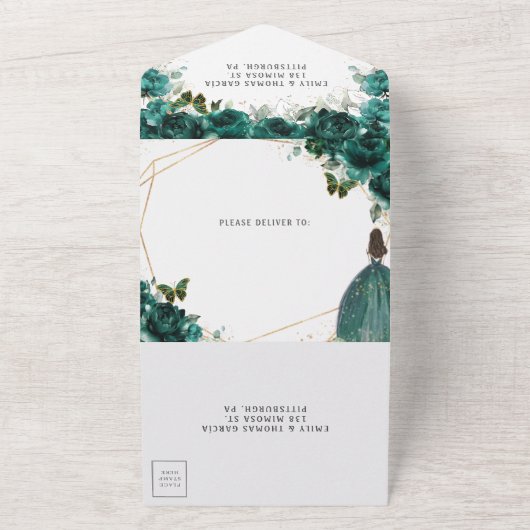 Emerald Green Floral Princess Tiara Quinceañera All In One Uitnodiging (Buitenkant)