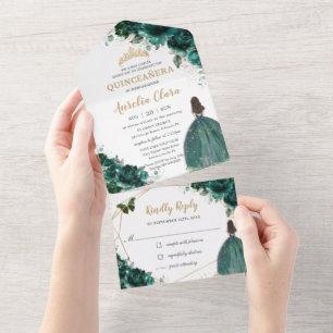 Emerald Green Floral Princess Tiara Quinceañera All In One Uitnodiging