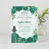 Emerald Green Floral Princess Tiara Quinceañera Kaart (Staand voorkant)