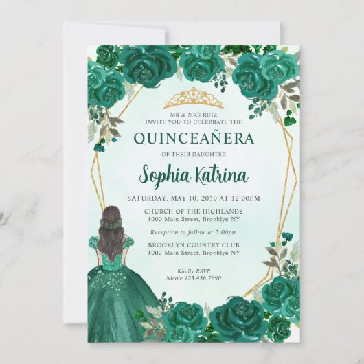 Emerald Green Floral prinses Tiara Quinceañera in Kaart (Voorkant)