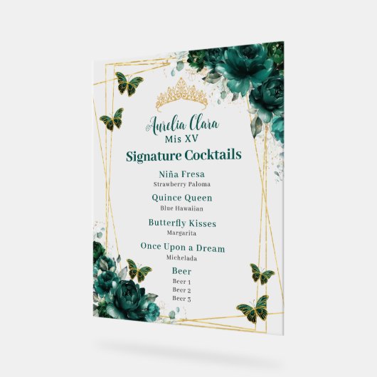 Emerald Green Floral Quinceanera Bar Cocktail Menu Acryl Bord (Hoek)