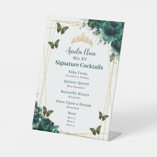 Emerald Green Floral Quinceanera Bar Cocktail Menu Reclamebord Met Voetstuk (Voorkant)