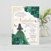 Emerald Green Floral Quinceanera Birthday Invitati Kaart (Staand voorkant)