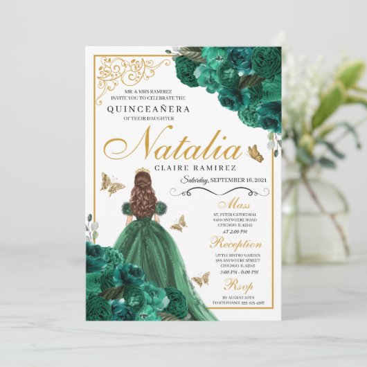 Emerald Green Floral Quinceanera Birthday Kaart (Staand voorkant)