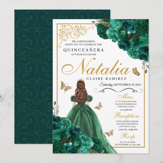 Emerald Green Floral Quinceanera Birthday Kaart (Voorkant / Achterkant)