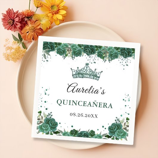 Emerald Green Floral Quinceanera Birthday Servet