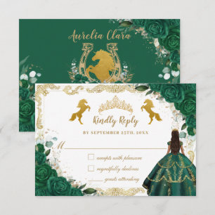 Emerald Green Floral Quinceañera Charro Gold Horse RSVP Kaartje